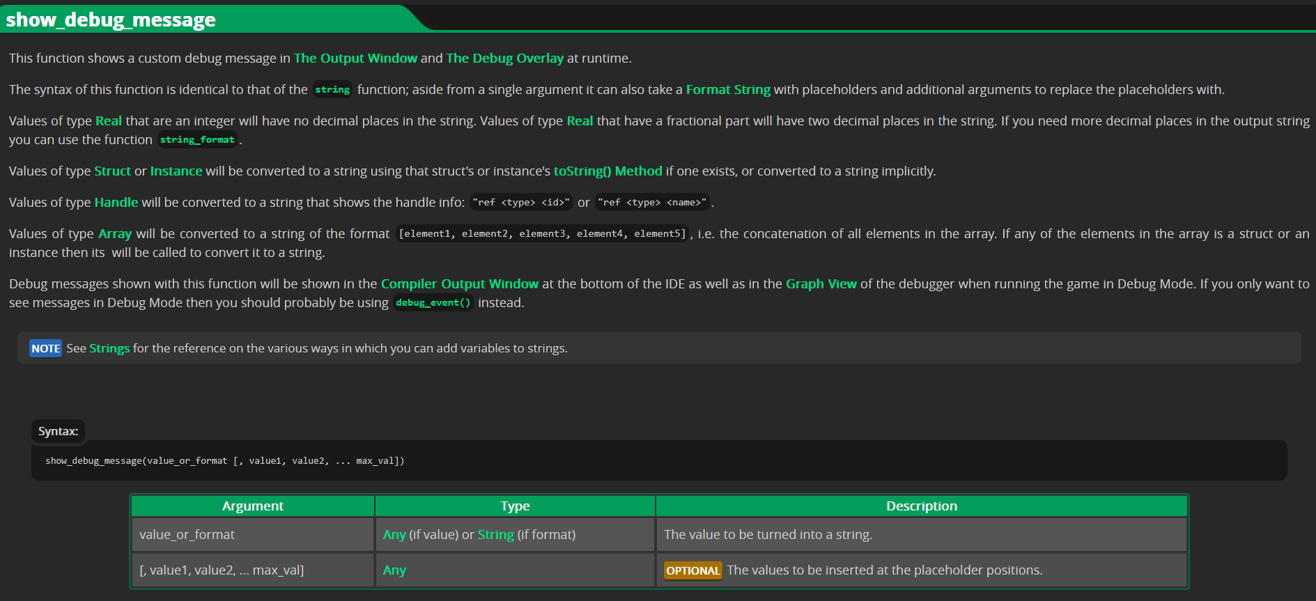The show_debug_message manual entry