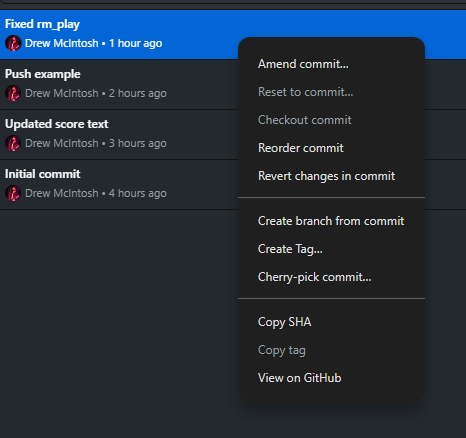Git History commit context menu