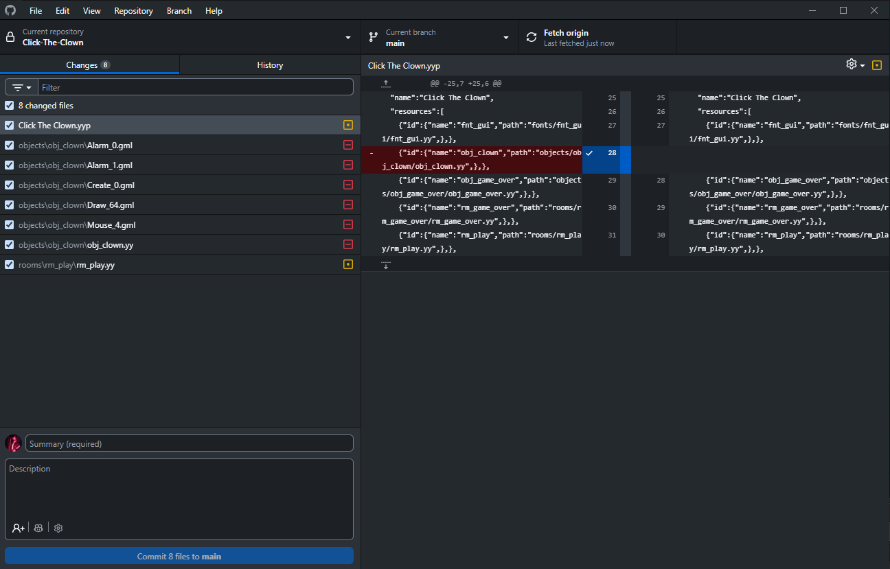 GitHub Desktop showing the deleted object files