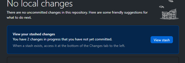 Stashed changes shown on the right
