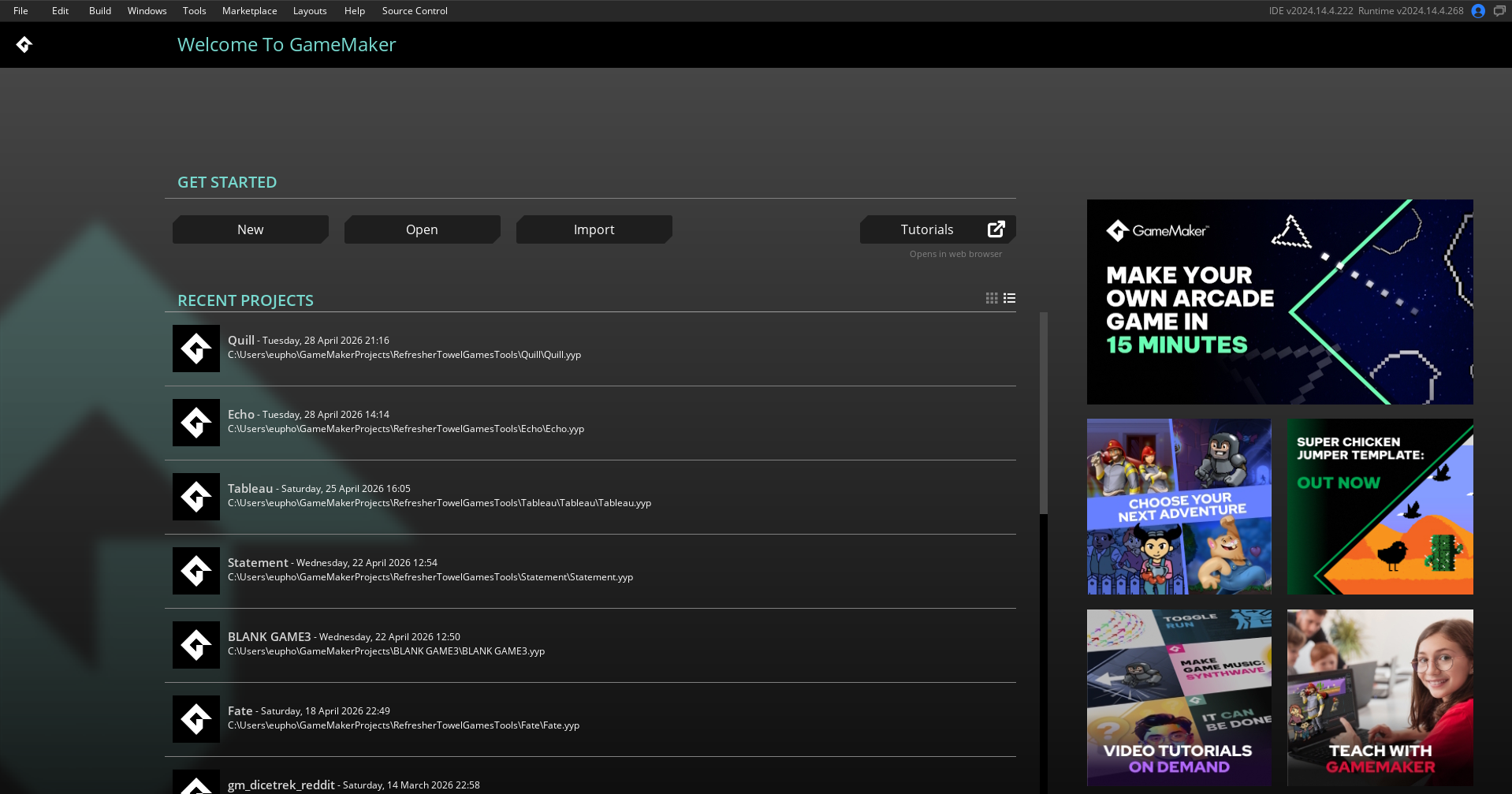 The GameMaker Welcome Screen
