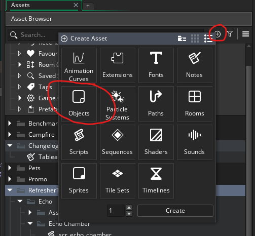 Creating an object with the + icon.