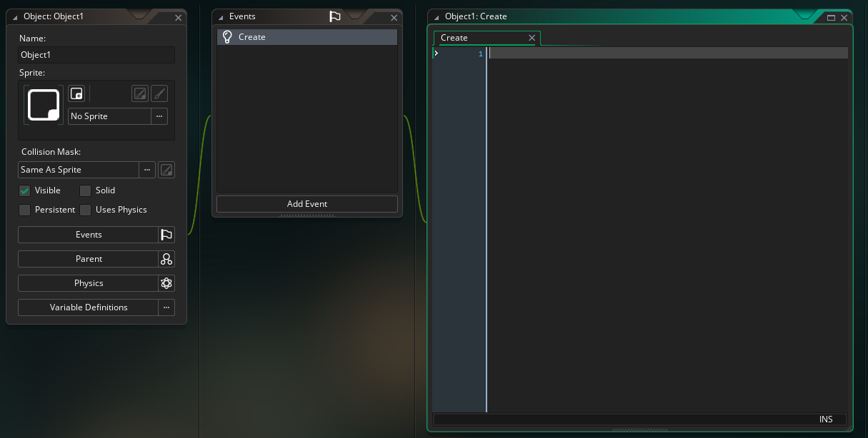The code editor window for your first object.